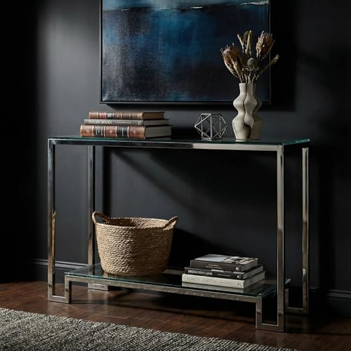 Cortesi Home Reef Contemporary 2 Shelf Glass Console Table, Silver Cortesi Home