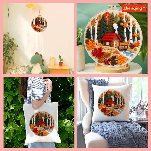 Zhenqing Autumn Forest Cabin Embroidery Kit for Beginners - Complete Set with Pre-Printed 29x29cm Cotton Fabric, Hoop, Threads & Tools(C0140)