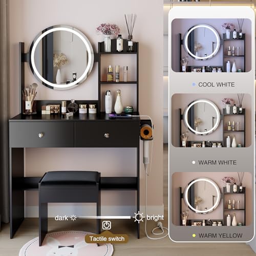 Montary 31.5" Compact Vanity Desk Set with Soft Cushion Stool, 2 AC & 2 USB Power Outlets, Hair Dryer Holder, Large Mirror, Adjustable LED Light, Drawers, Multi - Layer/Hidden Storage, Black Montary