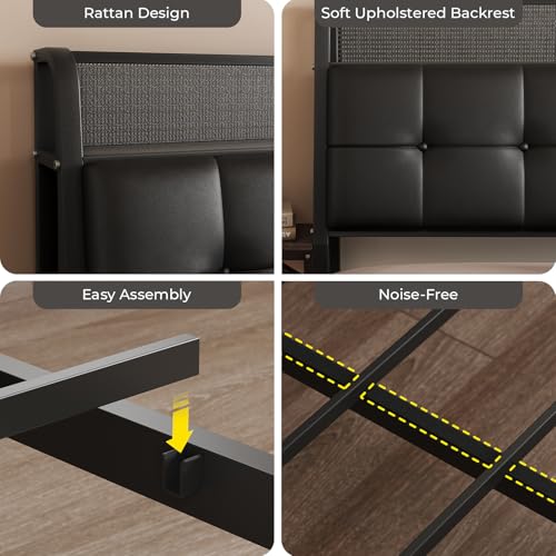 Salamir Twin Floating Bed Frame with LED & Charging Station, Ergonomic Upholstered Headboard with Folding Shelves Storage, Metal Slats, No Box Spring Needed, Easy Assembly, Noise-Free, Black Leather Salamir