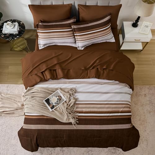 Dobuyly Brown Comforter Queen Size 7 Pieces, Boho Striped Bed in a Bag Set, Soft Microfiber Bedding Set with Comforter, Sheets, Pillowcases & Shams Dobuyly