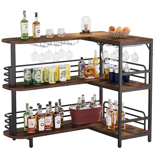 Tribesigns Rustic Brown L-Shaped Home Bar Unit with 3 Tiers and Wine Glass Holder Tribesigns