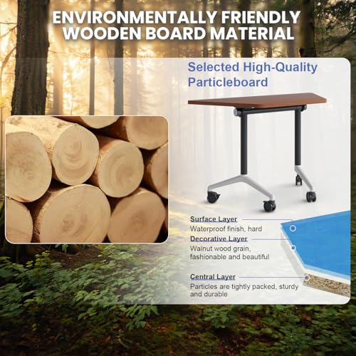 Folding Walnut Trapezoid Conference Tables,47.2" Modern Modular Conference Room Tablesfor 10 People,Mobile Training Table with Wheels,Flip Top Rolling Seminar Meeting Table (8 Pack) FERYSUN