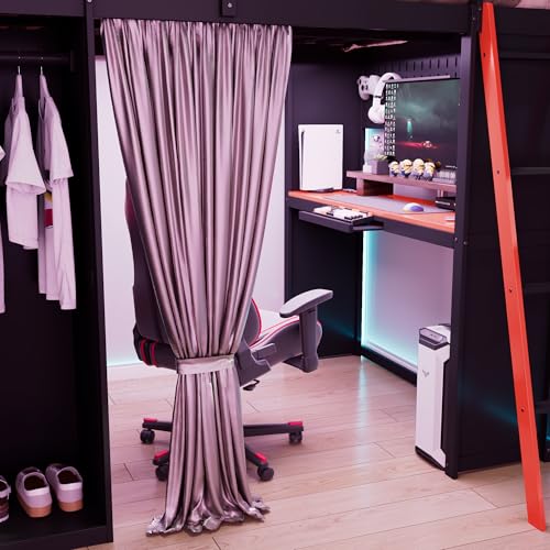 THINK 30 Gaming Loft Bed Full Size with Desk & RGB Lights, Wood Study Bed with Wardrobe,Shelves,Blackout Curtains for Kids Adults, Storage Compartments, Boys Bedroom Furniture (Red Style2) THINK 30