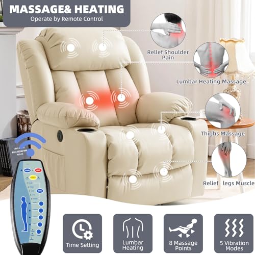 RESTREAL Power Lift Recliner Chair for Elderly, Electric Recliner Chairs for Adults with Massage and Heat, Cup Holders, Remote Control, USB Ports, Side Pockets, Leather (Cream) RESTREAL