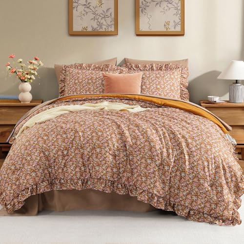 BLOOMHAVEN Queen Comforter Set - 7 Pieces Ruffle Brown Bedding Sets, Shabby Chic Farmhouse Bed in a Bag with Ruffle Comforter, Sheets, Pillowcases & Shams BLOOMHAVEN