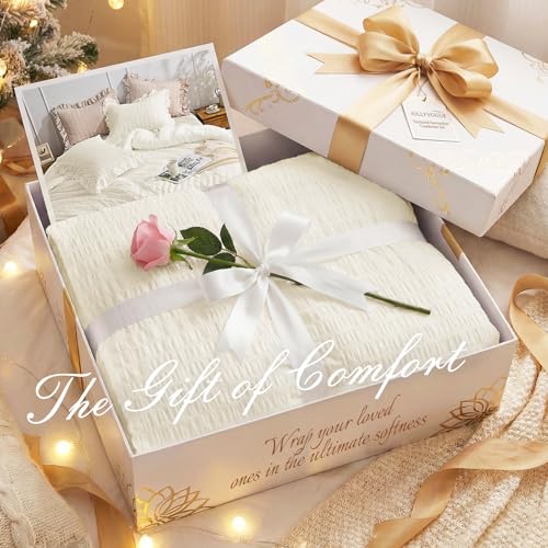 JOLLYVOGUE Ivory Twin Size Comforter Set, 2 Pieces Seersucker Lightweight Fluffy Bedding Set, Twin Ruffle Comforter, All Season Soft Microfiber Shabby Chic Bed Set JOLLYVOGUE