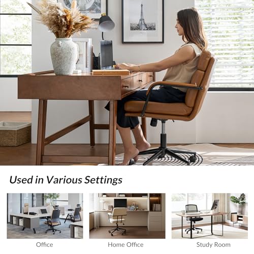 HULALA HOME Modern Faux Leather Home Office Chair with Tilt Lock & Metal Base, Desk Chair with Wheels & Padded Cushion, 360° Swivel Wide Seat Computer Task Chair, Camel HULALA HOME