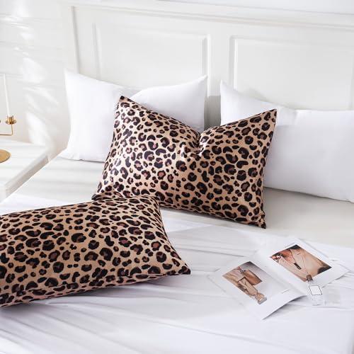 MR&HM Satin Pillowcase for Hair and Skin, Silk Satin Pillowcase 2 Pack, Queen Size Pillow Cases Set of 2, Silky Pillow Cover with Envelope Closure (20x30, Brown Leopard) MR&HM