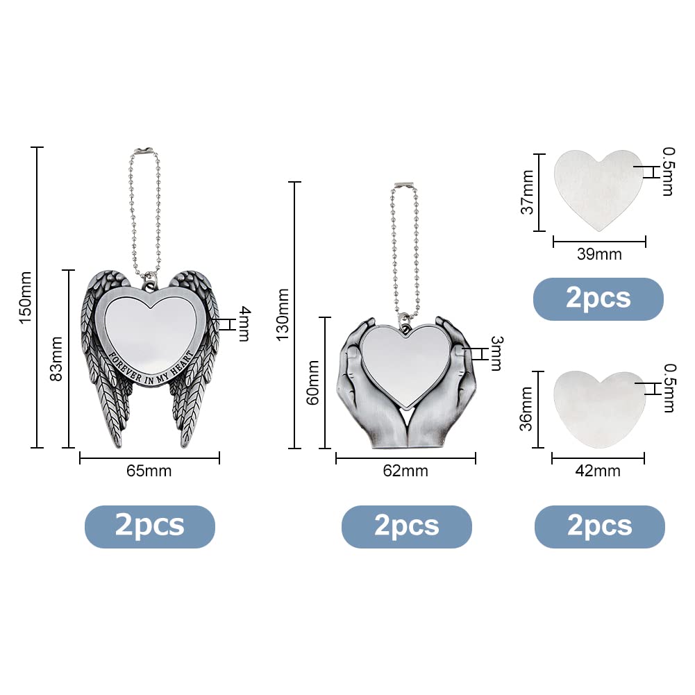 SUPERFINDINGS 4 Sets 2 Styles Alloy Heat Transfer Sublimation Blank Pendant Angel Wing Hands Holding Love Heart Photo Frame Pendant DIY Keychain Decorations SUPERFINDINGS