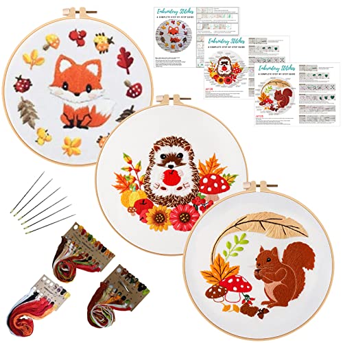 Louise Maelys 3 Set Animal Embroidery Kits for Beginners with Autumn Squirrel Hedgehog Fox Pattern,Adults Starter Cross Stitch Kit DIY Needlepoint