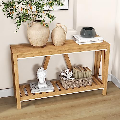 HOMCOM Console Table, Farmhouse Entryway Table with Storage Slatted Shelf, Rustic Sofa Table with Anti-Tipper for Living Room, Hallway, Brown HOMCOM