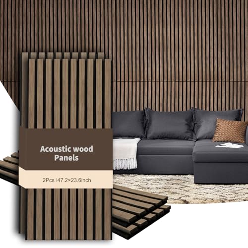 GZFDY 2-Piece Soundproof Wood Slat Wall Panels, 48" X 24" 3D Acoustic wall panel sound absorbing for Ceiling interior wall decor - Walnut GZFDY