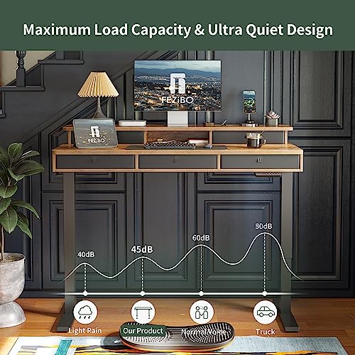 FEZIBO Height Adjustable Electric Standing Desk with 5 Drawers, 55 x 24 Inch Table with Storage Shelf, Sit Stand Desk Black Frame/Rustic Brown Top, FEZIBO