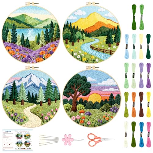 BEUNITONE 4 Set Embroidery Kit for Beginners, Beautiful Forest Scenery Patterns Cross Stitch Kits, Needlepoint Kits for Adults with Hoop, Hand Embroidery Patterns for Cloth and Home Decor