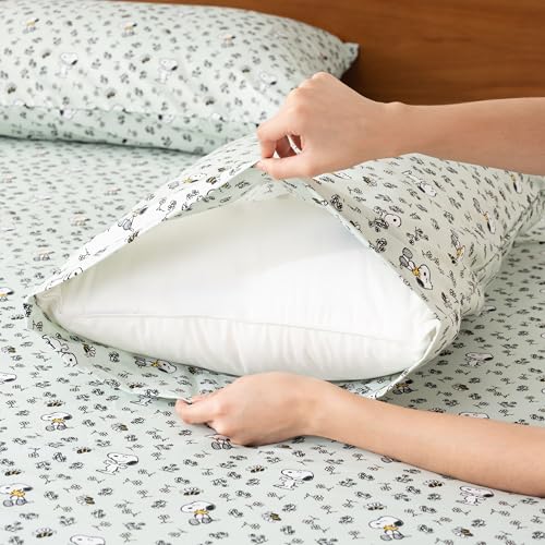 Berkshire Blanket Peanuts® Kids Sheet Set Full Size - 4 Pieces,Cute Character Snoopy Printed Soft Microfiber Bed Sheets,Mini Snoopy & Woodstock New Flower and Bees Sage Berkshire Blanket