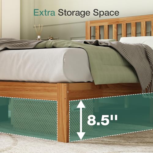 Novilla Queen Bed Frame with Headboard, Solid Wood Bed Frame Foundation with Wood Slat Support, No Box Spring Needed, Easy Assembly, Oak Novilla