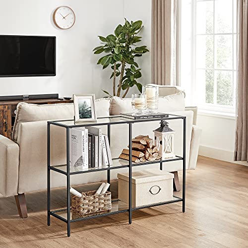 VASAGLE 39.4 Inch Console Table with 3 Shelves, Sofa Tables, Modern Entryway Table, Metal Frame, Tempered Glass Shelf, Entryway Living Room Bedroom, Classic Black and Transparent ULGT027B01 VASAGLE
