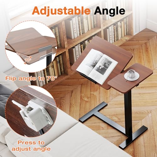NEWBULIG Overbed Bedside Table Adjustable with Wheels, Small Rolling Standing Desk Portable Laptop PC Desks Side Computer Tray Stand Up with Tilting Top & Gas Lift for Home Office and Bedroom Brown NEWBULIG