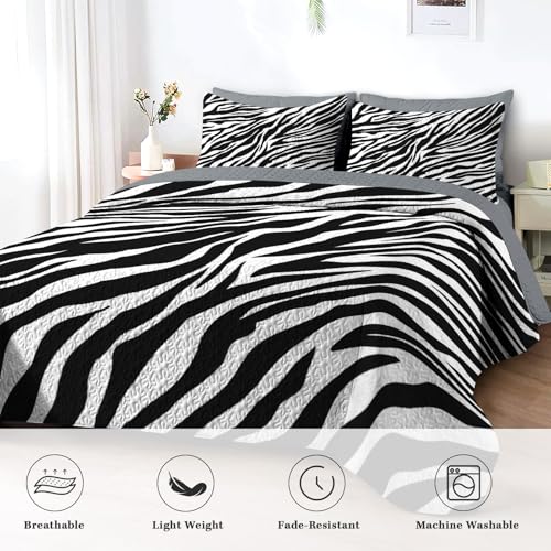 Pamnest Quilt Set King Size, Zebra Stripe Animal 3 Pcs Soft Bed Cover Bedding Set for Kids and Adults, Black White Lightweight Bedspread Coverlet with Pillow Sham for All Season Pamnest