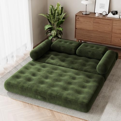 DSNAPE 59" Convertible Sofa Bed, 5-in-1 Folding Loveseat Sleeper Chair with Pillows Removable Armrests, Fold Out Boneless Couch Futon Floor Mattress Lounge for Apartment Dorm Living Room - Green, Full DSNAPE