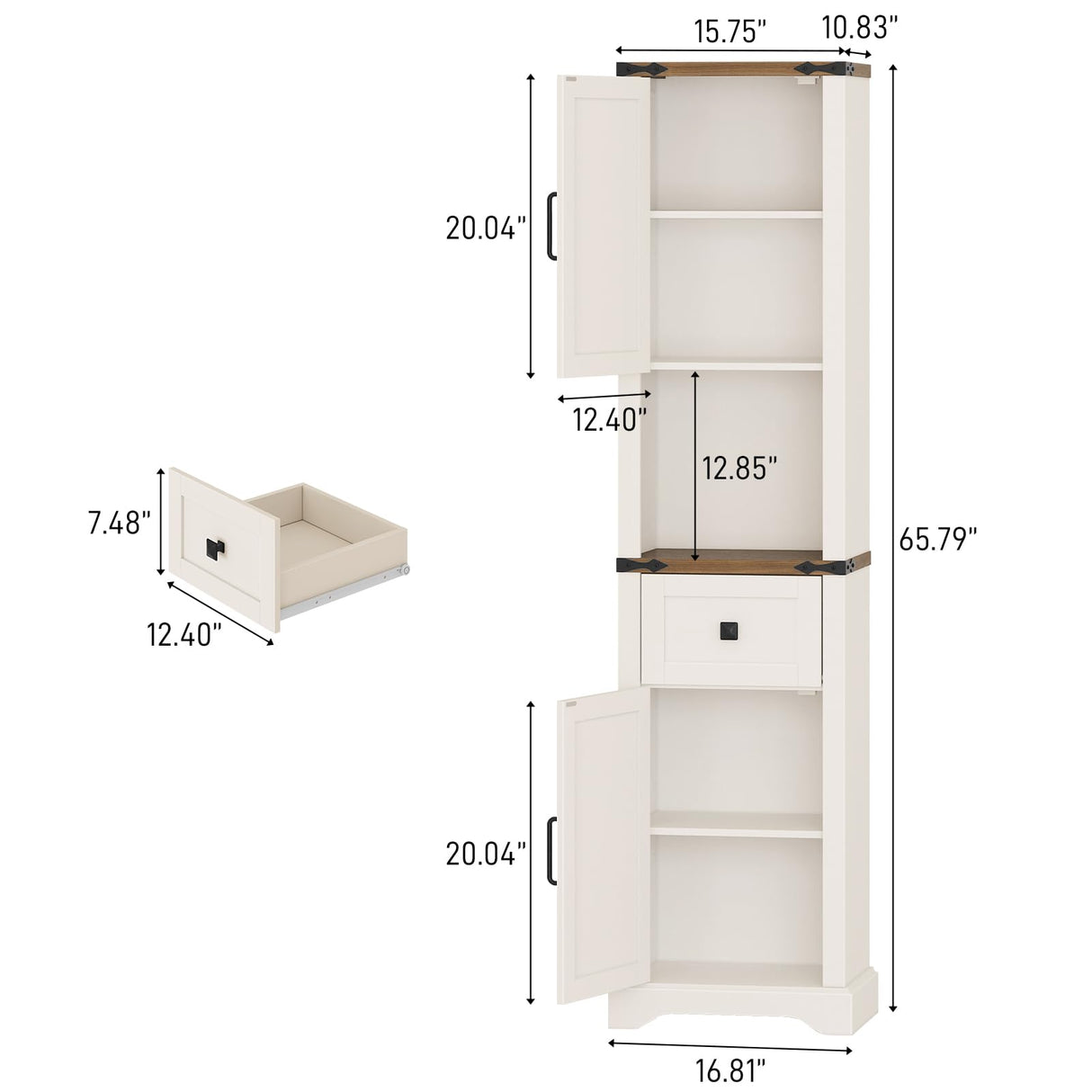 66" Tall Farmhouse Bathroom Storage Cabinet with Barn Doors and Drawer, Narrow Storage Unit, Adjustable Shelves & 5-Tier Storage Space, Freestanding Cabinet for Bathroom, Living Room, Kitchen Vabches