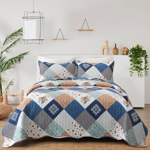 Dinjoy Reversible Patchwork Quilt Bedding Set Twin Size Blue Green Grey Plaid Floral Pattern Bedspread Set Soft Microfiber Coverlets Bed Set 3 Pieces Spring Summer Fall Use (68x86 inches) Dinjoy