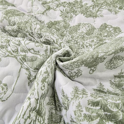 WONGS BEDDING Botanical Quilt Set King, Sage Green 3 Pieces Toile Floral Plants Printed Bedspread Bedding Set Soft Lightweight Microfiber Coverlet Set for All Season (104"x90") WONGS BEDDING