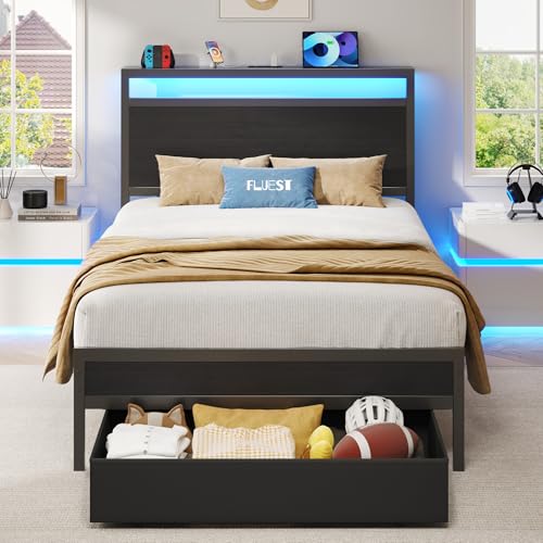 Fluest Twin Bed Frame,Twin Bed Frame with Storage Headboard & Storage Drawer, Charging Station & LED Light, No Box Spring Needed, Noise Free, Easy Assembly, Classic Black Fluest