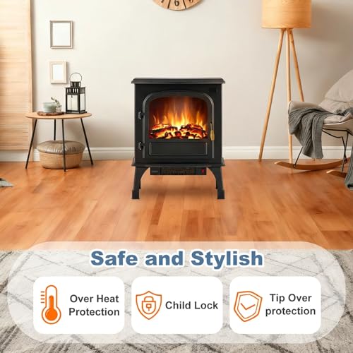 DUMOS Electric Fireplace Heater, 26” Freestanding Electric Fireplace Stove with 3D Flame Effect & Remote Control, Stylish Stove for Home with Safety Features, Adjustable Heat & 12H Timer, Charcoal DUMOS