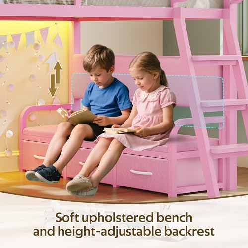 busyaeh Twin Loft Bed,Low Loft Bed with 9 Storage Drawers & 15.8" H Safety Guardrail & Inclined Ladder & Safety Handrail & LED Lights and Charging Station,Kids Loft Bed,Pink busyaeh