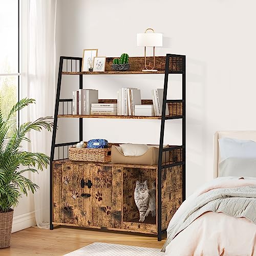 DKLGG Cat Litter Box Enclosure with 3 Shelve, Large Wood Cat Litter Box Furniture with Hook and Scratch, Hidden Wood Sturdy Cat Washroom, Fit Most of Litter Box DKLGG