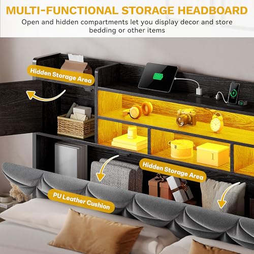 YITAHOME King Size Bed Frame with RGB LED Lights & Storage Bookcase Headboard, Upholstered Bed with Charging Station and 4 Drawers, No Box Spring Needed, Easy Assembly, Noise-Free, Velvet Grey YITAHOME