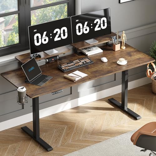 ONBRILL Standing Desk with 2 Adjustable Monitor Shelves, 63 x 24 Inches Electric Stand Up Desk with Memory Controller and Adjustable Height from 28-46 inches for Computer Workstations, Rustic Brown ONBRILL