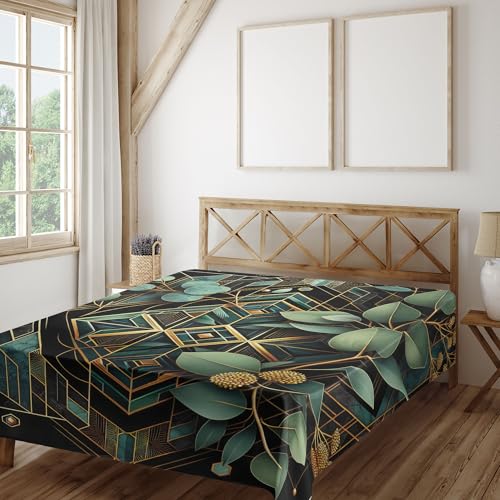 Ambesonne Eucalyptus Leaves Flat Sheet, Art Deco Inspired Geometric Rhombus Ornament Botanical Look, Soft Comfortable Top Sheet Decorative Bedding 1 Piece, Queen Size, Black Laurel Green Amber Ambesonne