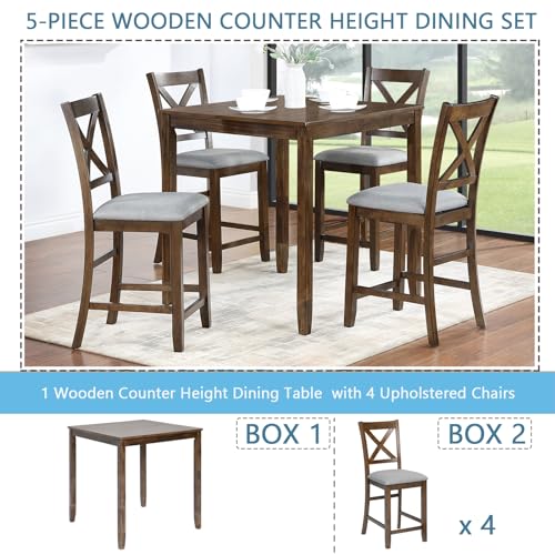 KEIKI 5-Piece Counter Height Dining Table Set with Square Table and 4 Upholstered X-Shaped Backrset Chair, for 4 Person, Modern Style Wooden Table Set, Easy Assembly, for Kitchen, Dining Room, Walnut KEIKI