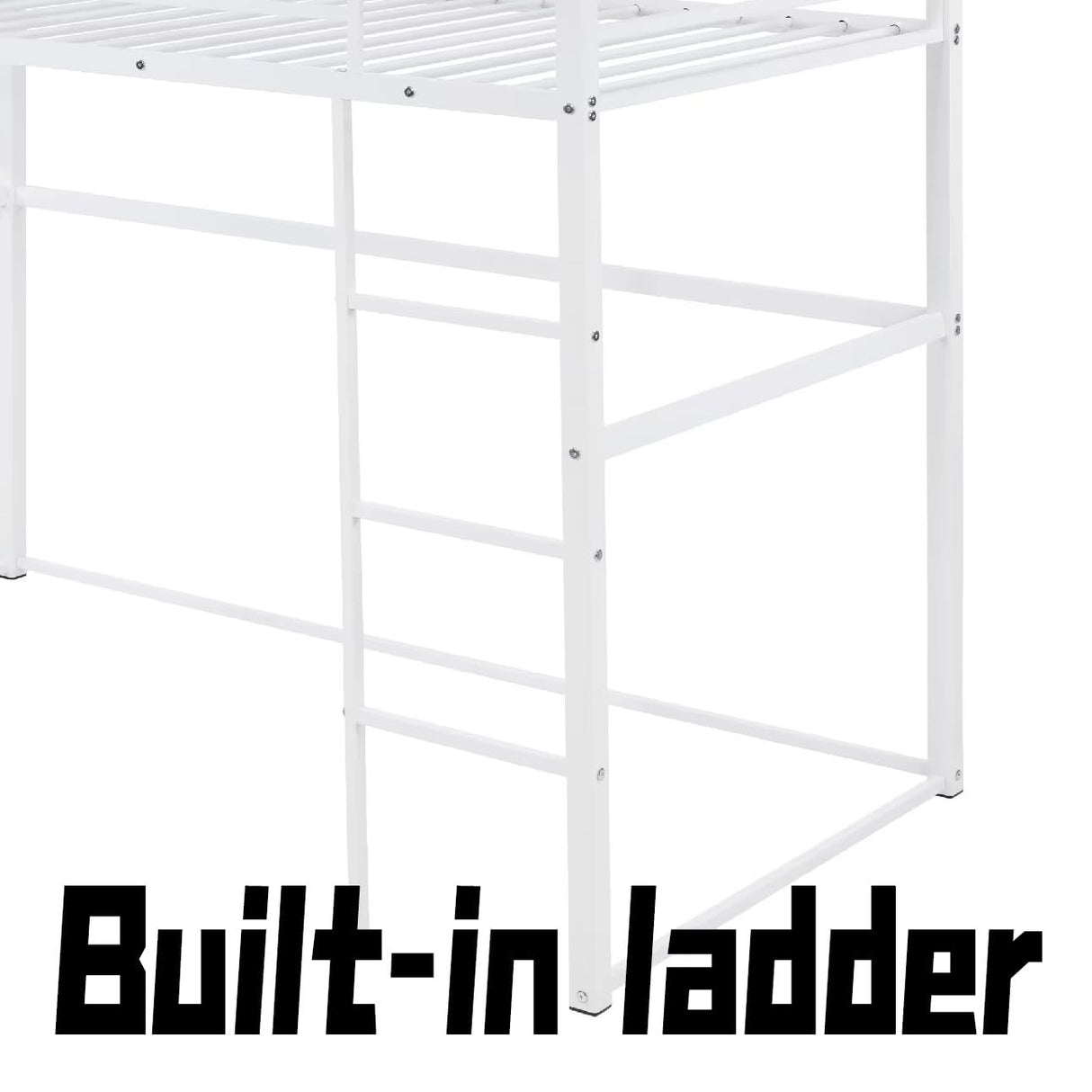Suwopmvy Heavy Duty Metal Loft Bed Frame Twin Size with Safety Guard Rails & Built-in Ladder - Sturdy Space Saving Loft Bed for Kids, Teens, Adults, College Dorm, Studio Apartment (White, Twin) Suwopmvy