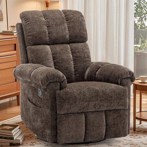 Korser Recliner Chair, Swivel Rocker Recliner Chair for Adults, Small Recliners for Small Spaces, Upholstered Manual Recliner with Side Pockets, Nursery Rocking Chair for Living Room, Chenille, Brown