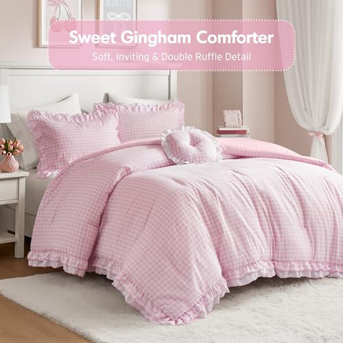 Intelligent Design Rowena Full Comforter Set – Blush Pink Gingham Ruffled Bedding, Vintage Farmhouse Style, Reversible All Season 4-Piece Bedding Set, Full/Queen, Gift for Her Intelligent Design
