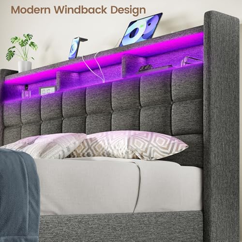 Driftalia Lift Up King Size Bed Frame with Storage, Upholstered King Bed Frame with Charging Station and LED Lights Headboard, No Box Spring Needed, Easy Assembly - Dark Grey Driftalia