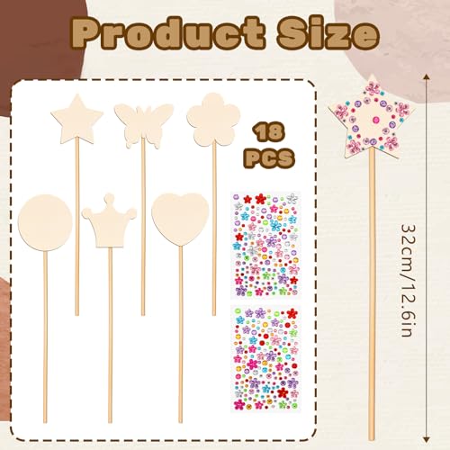 18pcs Fairy Wands Princess Fairy Wands Kit Princess Crafts Kid Birthday Party Supplies Make Your Own Wand Include Unfinished Wooden Fairys Wand Gem Stickers, Ribbons, Ideal for Kids 6+ Aphumedc