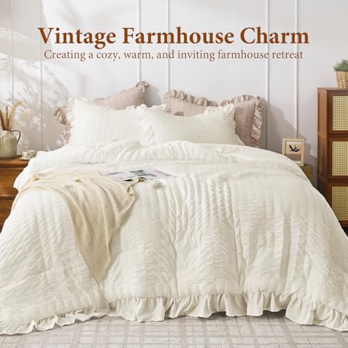 JOLLYVOGUE Ivory Twin Size Comforter Set, 2 Pieces Seersucker Lightweight Fluffy Bedding Set, Twin Ruffle Comforter, All Season Soft Microfiber Shabby Chic Bed Set JOLLYVOGUE