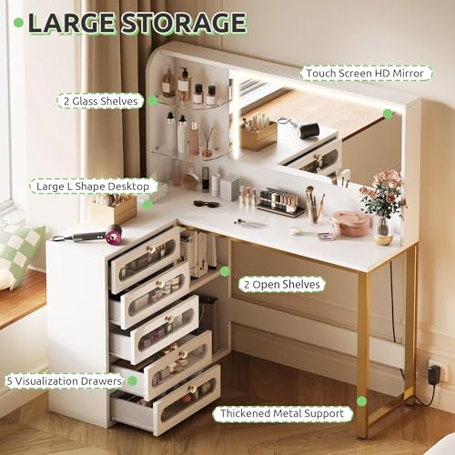 DWVO Vanity Desk with LED Lighted Mirror and 3 Lighting Modes, L-Shaped Corner Vanity Table, 48" Large Dressing Table with 5 Tempered Glass Drawers with Open Storage Shelves, White DWVO