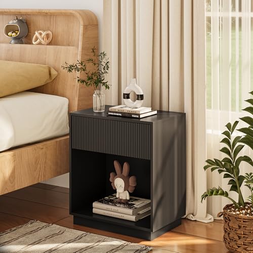 Fluted Nightstands Set of 2, Modern Bedside Table with Drawer and Storage Shelf, Wood End Table Mid Century Night Stands for Bedroom Living Room Sofa Couch Office (Black) INNOD