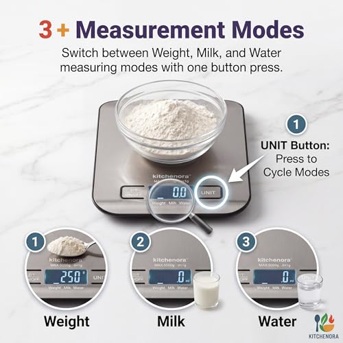 KitchenOra Digital Food Kitchen Scale, 11lb/5kg Capacity with 1g Precision, 5 Units (g/oz/lb:oz/ml/fl'oz), 304 Stainless Steel Surface, Backlit LCD, Tare Function for Cooking, Baking, Keto & Meal Prep