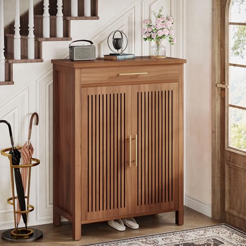 Tribesigns Shoe Cabinet, 5-Tier Shoe Storage Cabinet with Louvered Doors and Drawer, Freestanding Wooden Shoe Rack Organizer with Adjustable Shelves for Entryway, Hallway, Closet, Brown Tribesigns