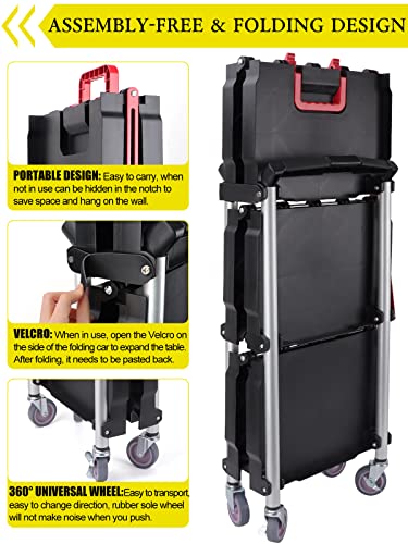 EBANKU Folding Collapsible Service Cart, Heavy Duty 3-Shelf Rolling Tool Cart, Supports Up to 150 lbs for Warehouse Storage, Garage, Cleaning EBANKU
