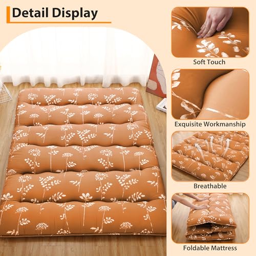 STMHOM Thick Japanese Floor Mattress for Guest & Camping, Foldable Futon Floor Mattress, Roll Up Tatami Mat Sleeping Pad, Portable Floor Lounger Bed for Dormitory & Travel, Wave-Flowers Brick Red STMHOM