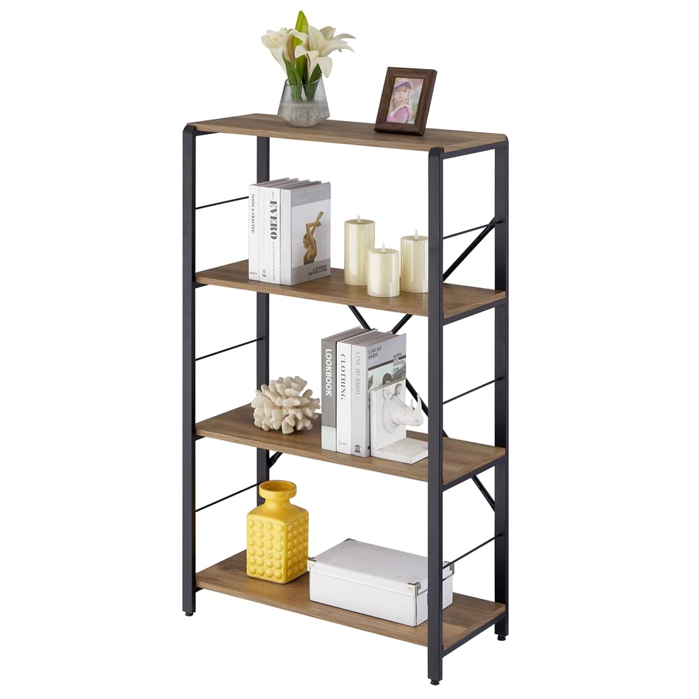 FOLUBAN 4 Tier Open Bookshelf, Vintage Free Standing Book Shelf, Rustic Wood and Metal Bookcase for Home Office, Oak FOLUBAN