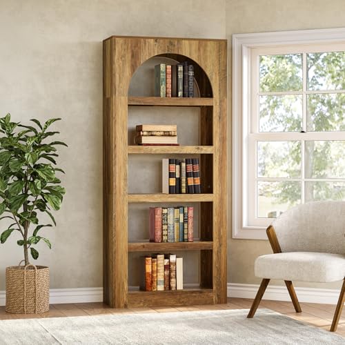 LITTLE TREE 5-Tier Arched Bookshelf, 70.8 Inches Modern Wooden Bookcase, Open Display Storage Shelf Organizer for Living Room, Home Office, Bedroom, Light Brown LITTLE TREE